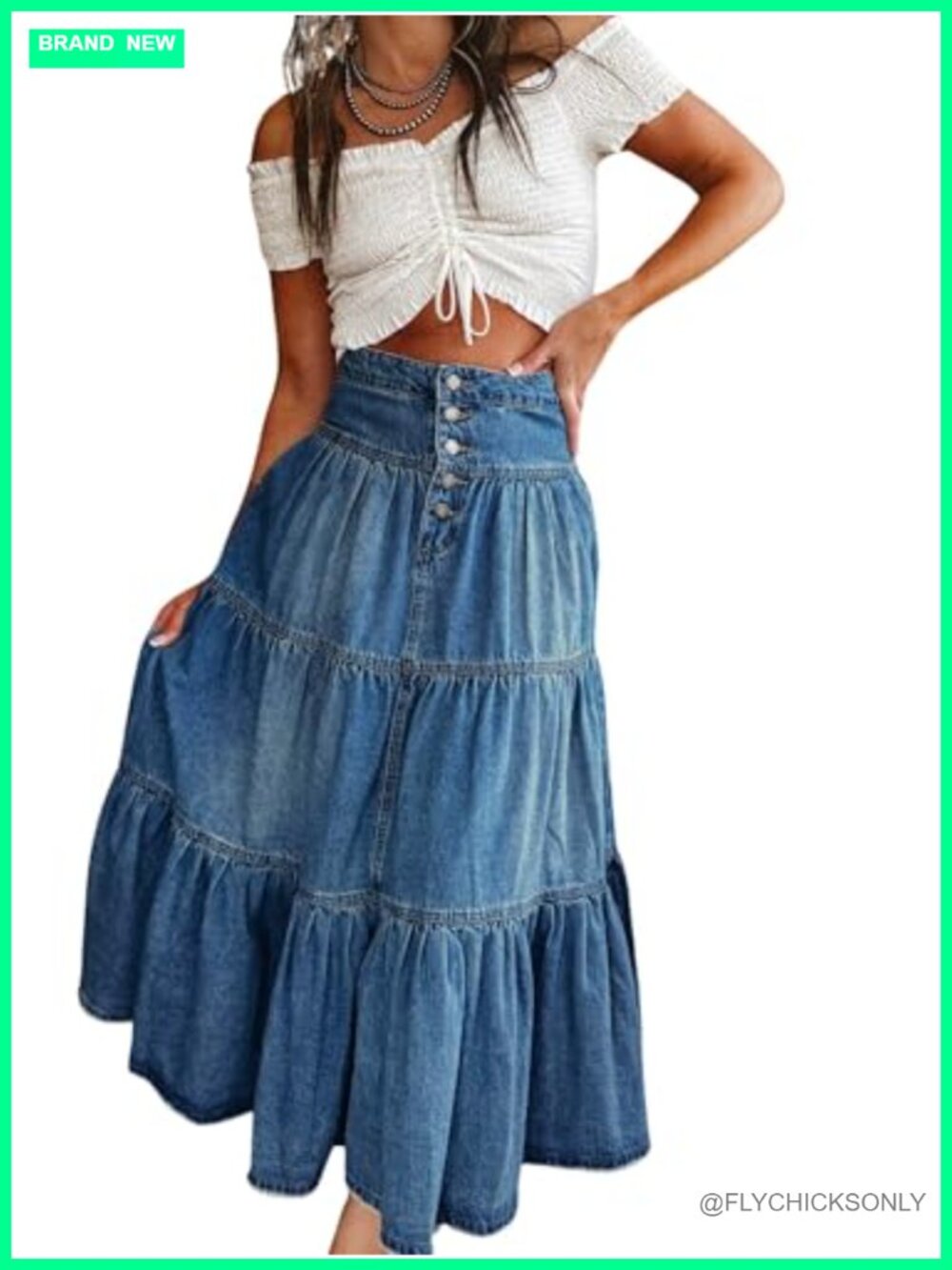 High Waist Tiered Ruffle A-Line Denim Maxi Skirt with Pockets